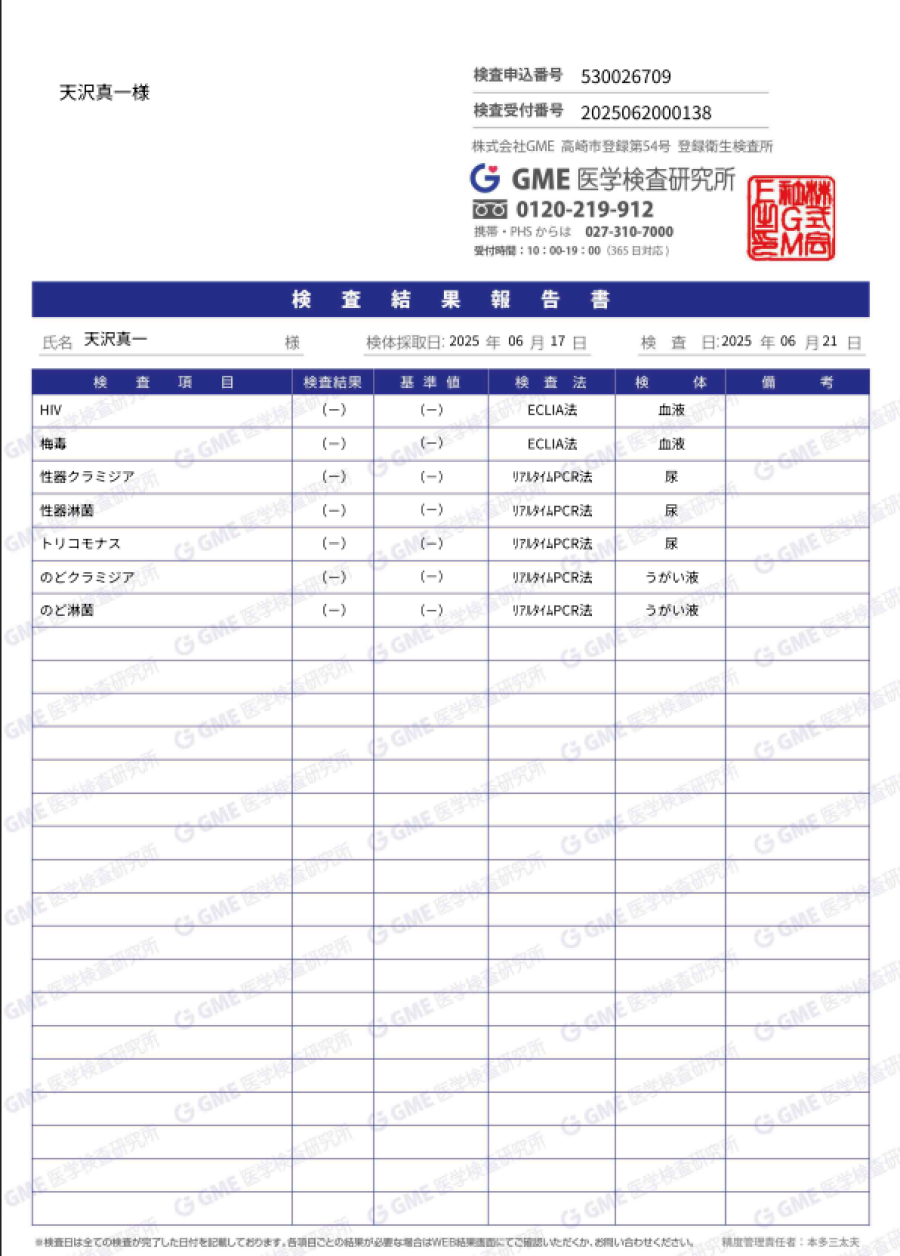 天沢真一の性病検査証明書